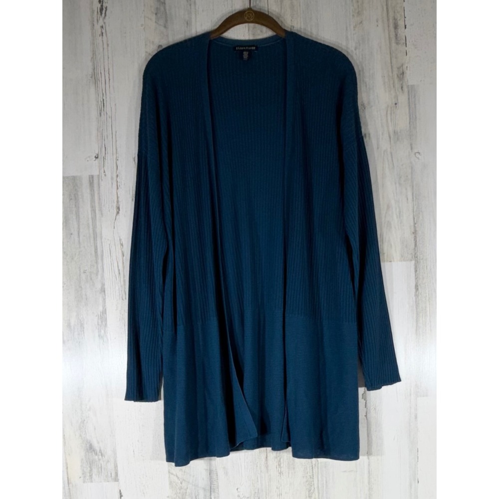 Eileen Fisher Cardigan Medium Dark Teal Blue Ribbed Tencel Blend Open Front